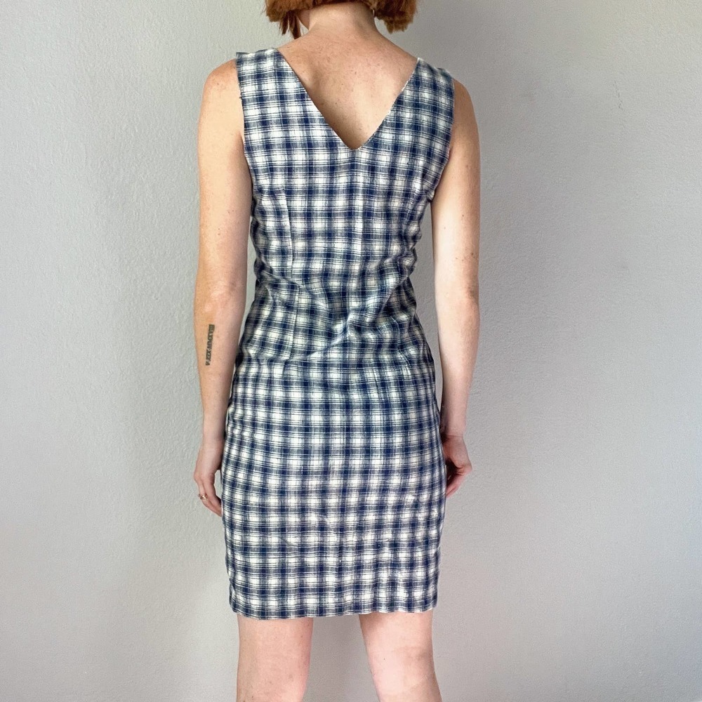 Vintage 1990s Blue Plaid Button Up Sleeveless Fitted Mini Dress - Picture 4 of 5